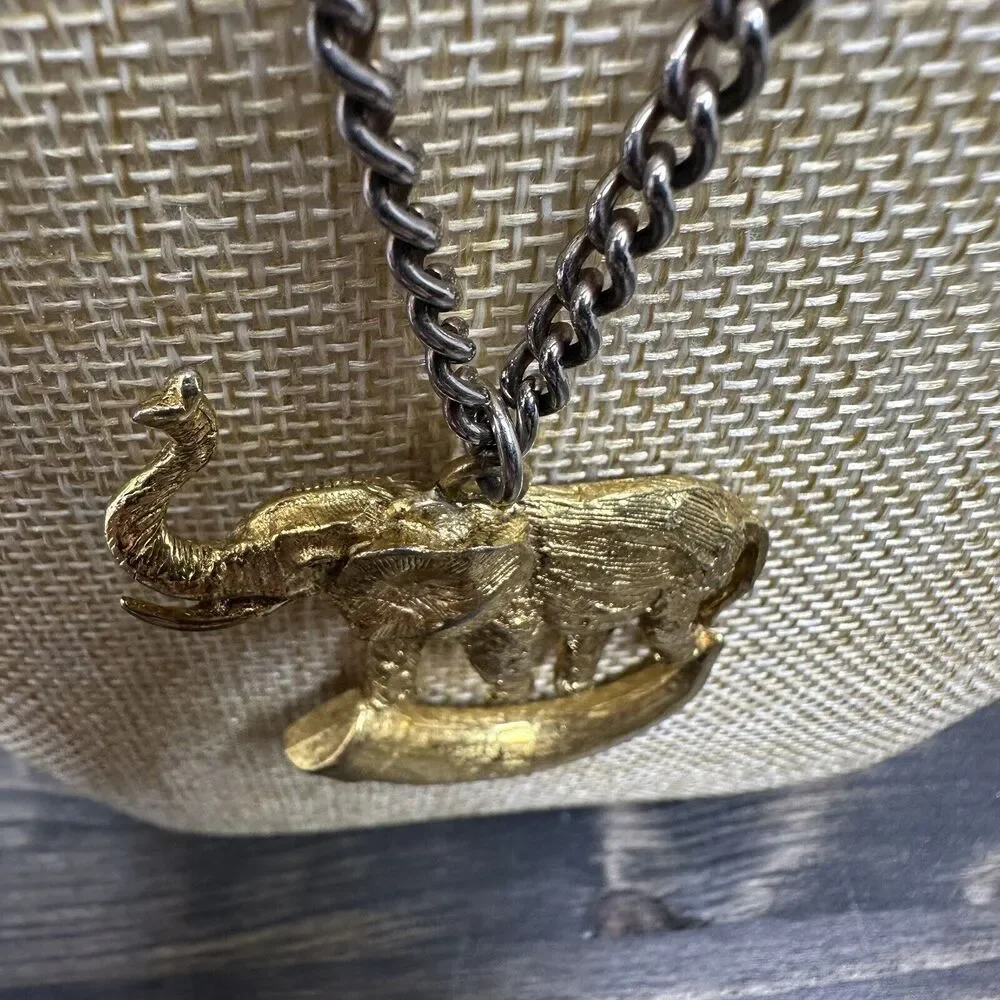 Vintage Elephant on Tusk Necklace Gold Tone Large Pendant Safari Estate‎ Find